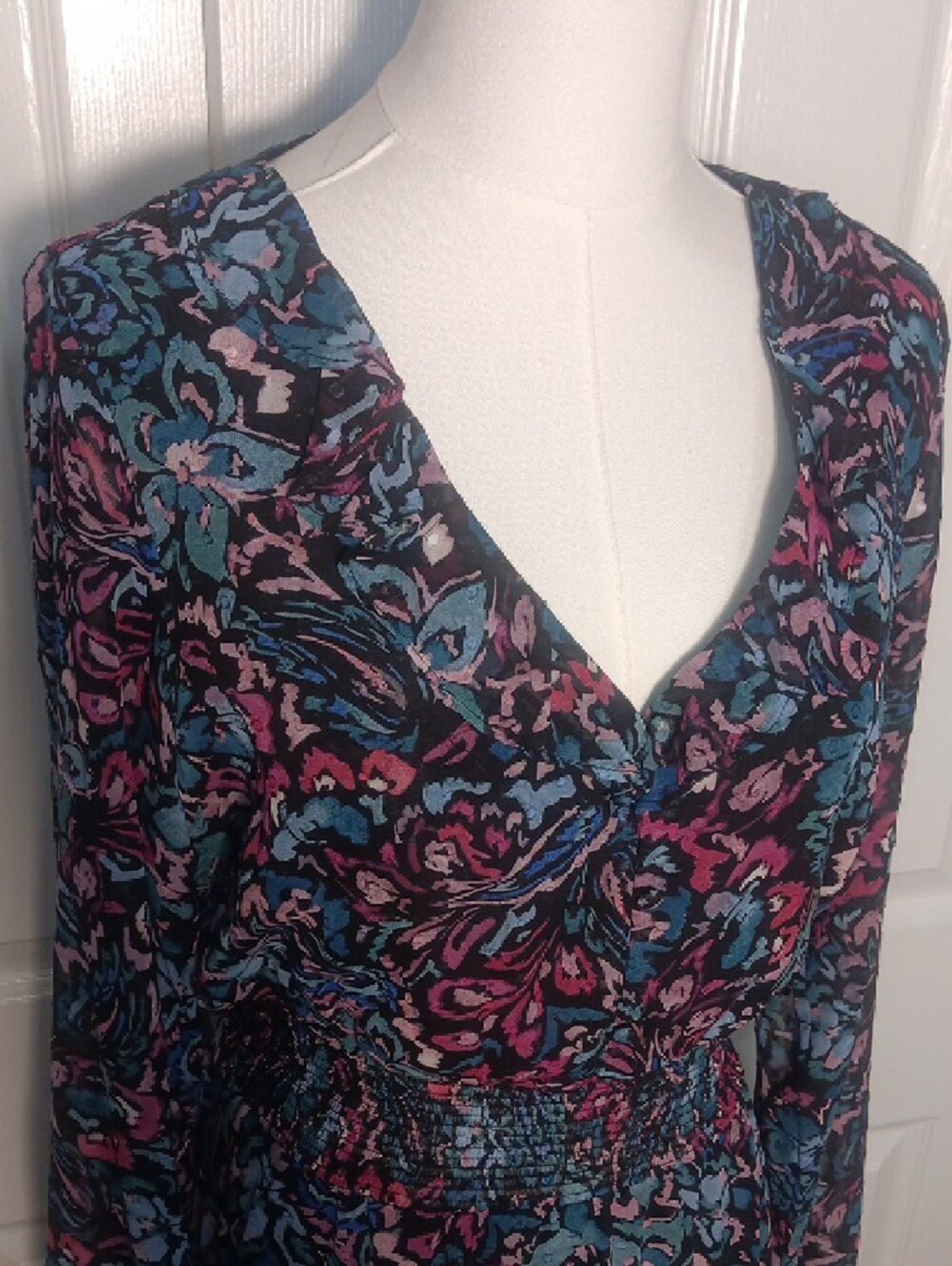 Nanette Lepore Teal Navy & Pink Floral Long-Sleeve Bohemian Maxi Dress - Picture 4 of 12